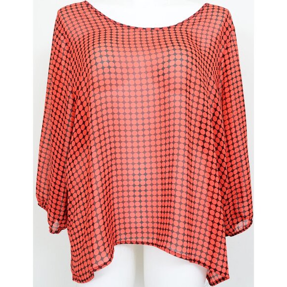 Bongo Plus 3X Red Black Dots Back Bow Sheer Blouse Office Travel Artsy Top - Picture 2 of 10